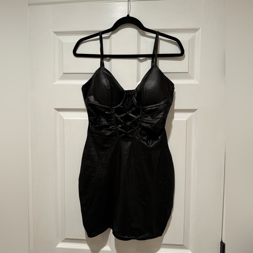 Windsor Black Pleather mini dress with crisscross in the front